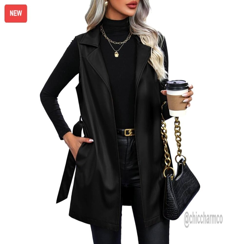 Faux Leather Long Vest Sleeveless Open Front with Belt Women's Jacket